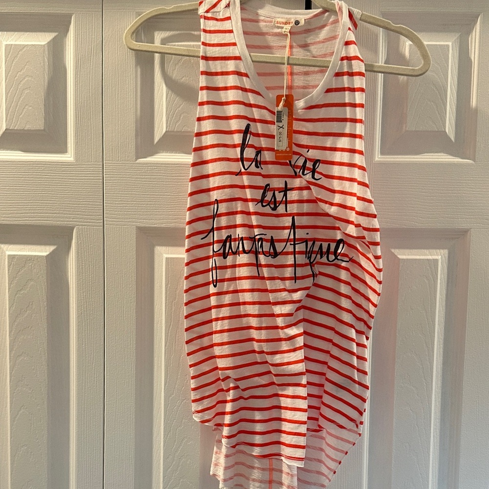 Sundry White Tank with Coral Stripes